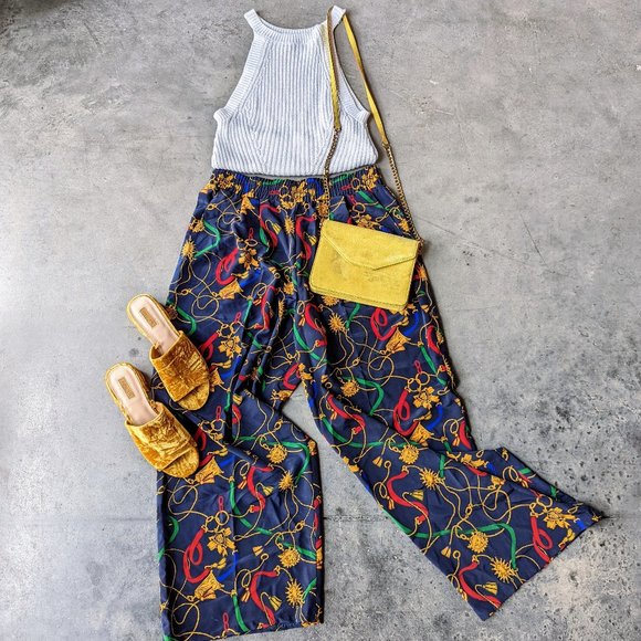 Vintage Pants - Vintage Chaus Navy Blue Patterned Wide Leg Pants 10